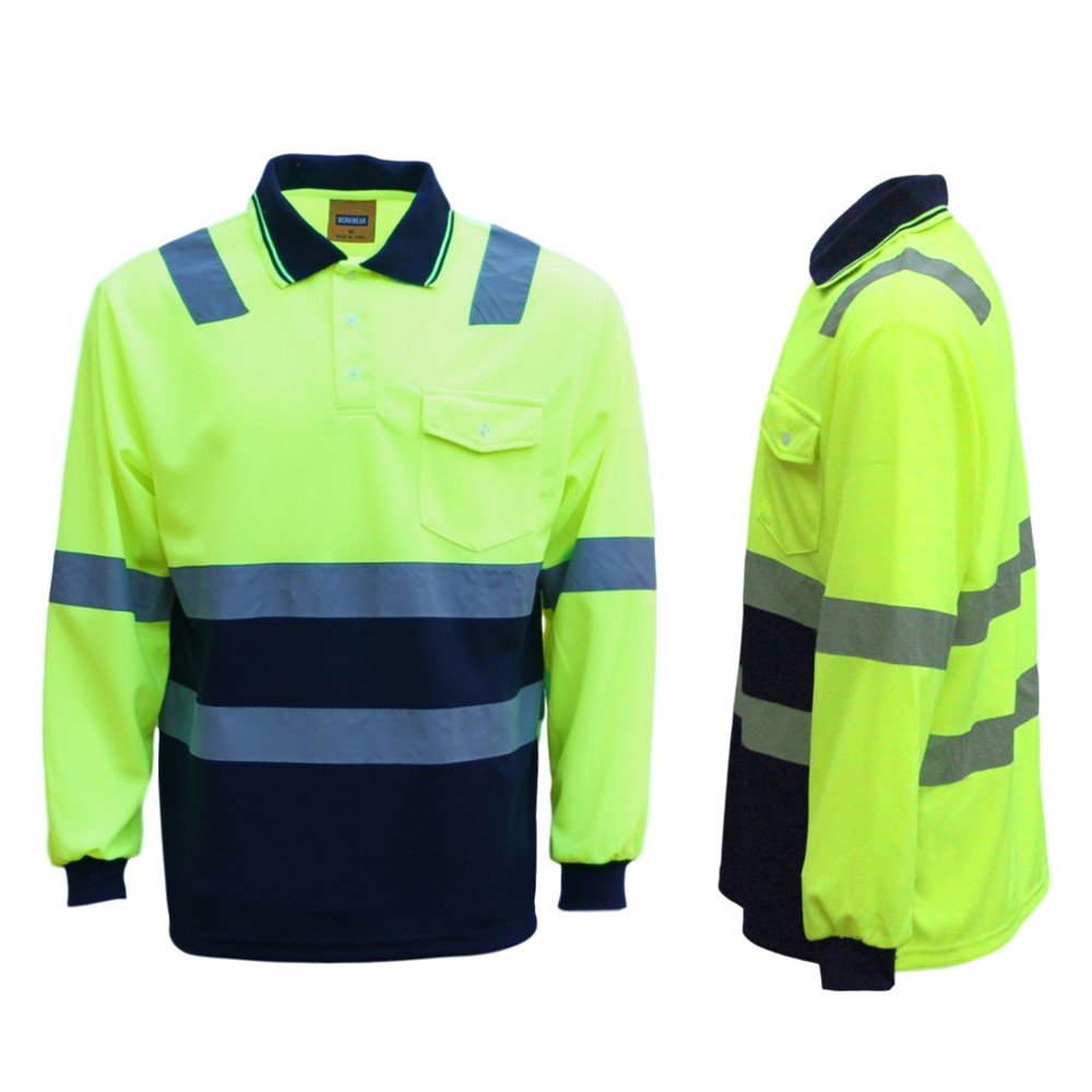 HI VIS Long Sleeve Workwear Shirt w Reflective Tape Cool Dry Safety Polo 2
