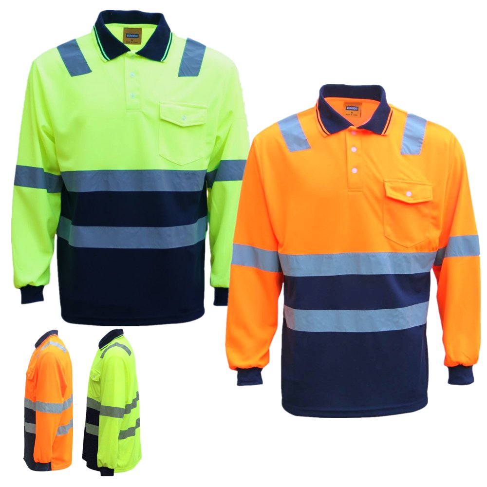 HI VIS Long Sleeve Workwear Shirt w Reflective Tape Cool Dry Safety Polo 2