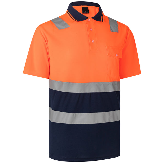 Hi Vis Short Sleeve Tape Cool Dry Safety Polo 2 Tone Fluoro Orange Navy 3XL