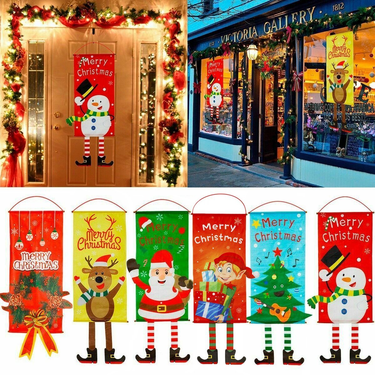 Christmas Hanging Banner Flag Door Window D谷cor Santa Reindeer Snowman