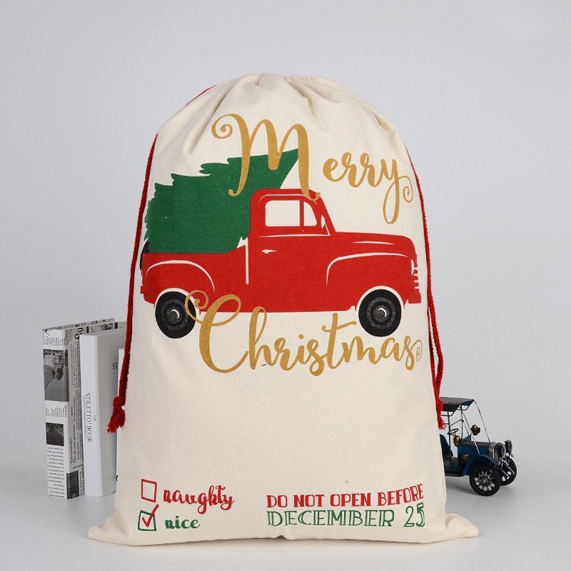 Large Christmas XMAS Hessian Santa Sack Stocking Bag Reindeer - Tree In Truck