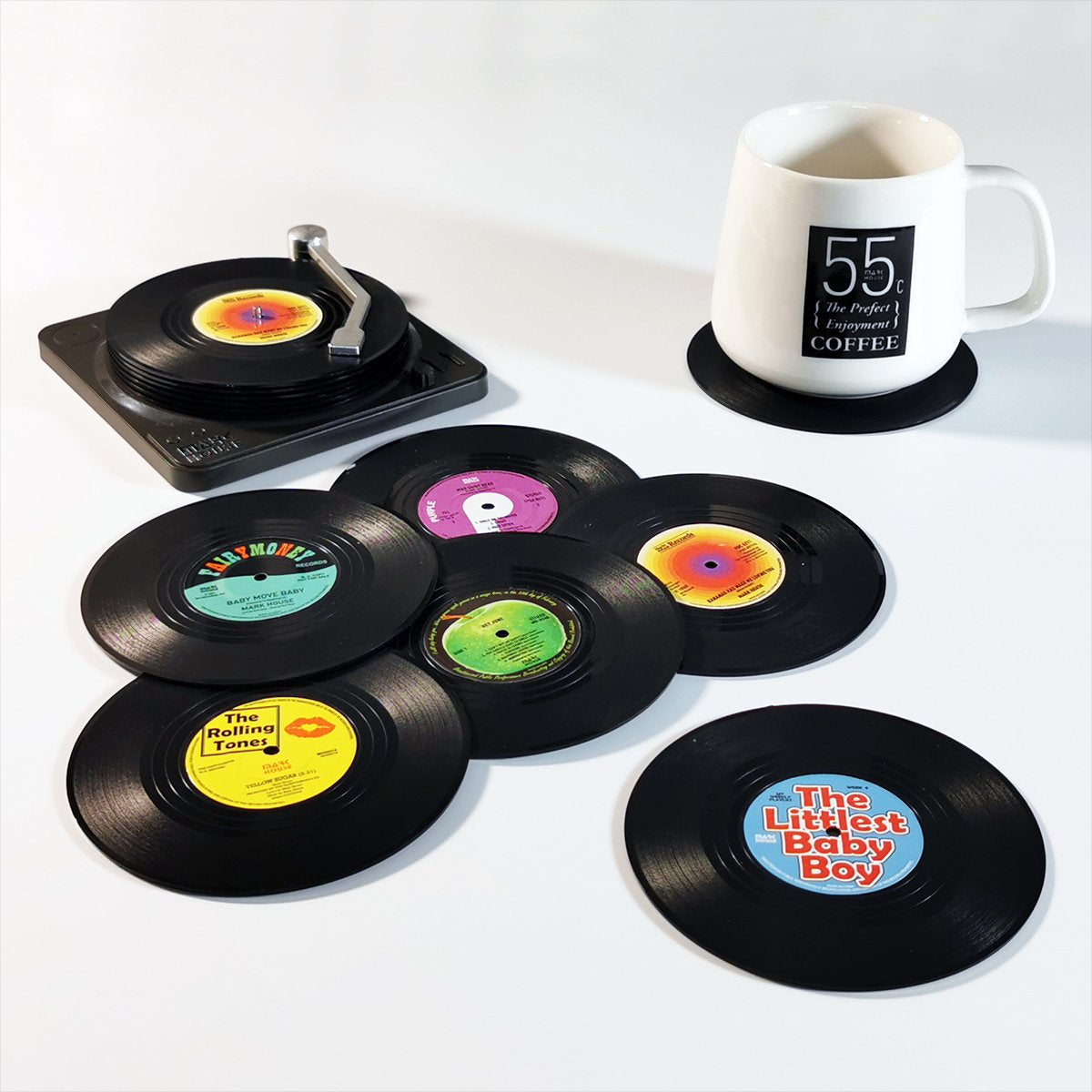 6x Creative Vinyl Record Cup Coasters w Holder Glass Drink Tableware Home