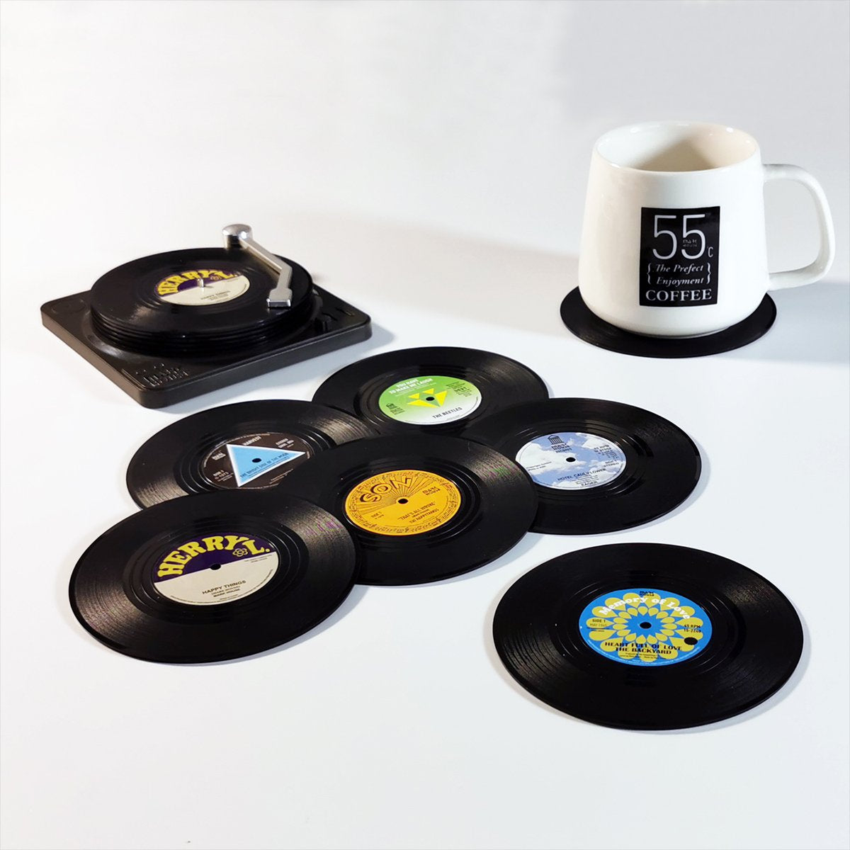 6x Creative Vinyl Record Cup Coasters w Holder Glass Drink Tableware Home