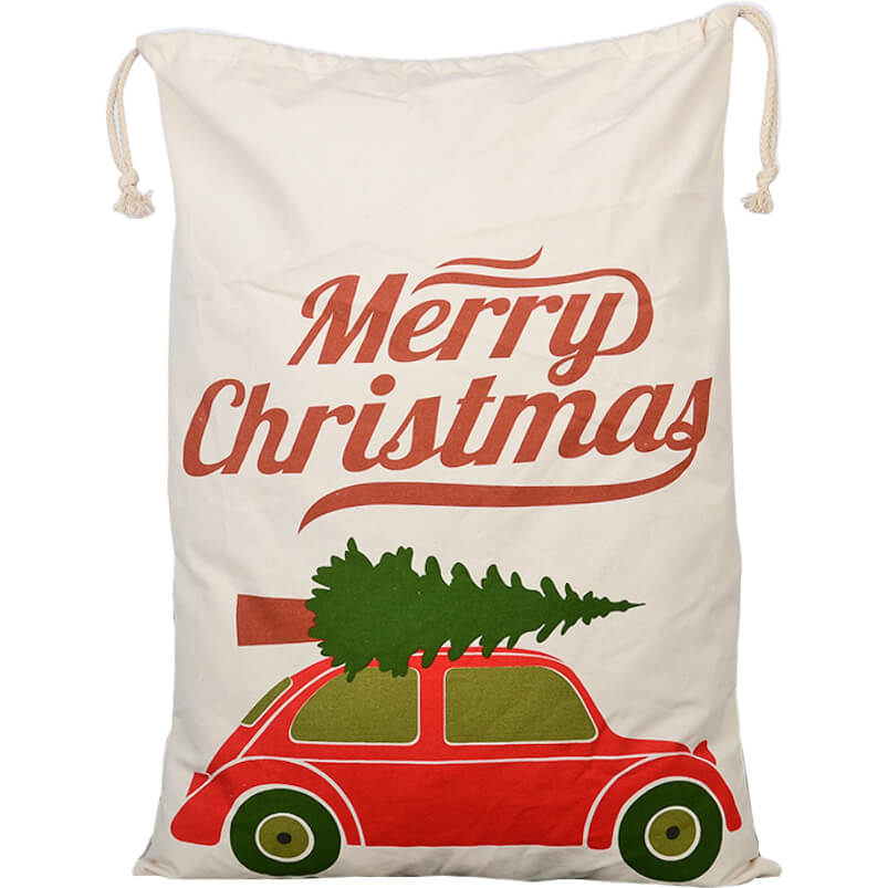 Large Christmas XMAS Hessian Santa Sack Stocking Bag - Christmas Tree On Car
