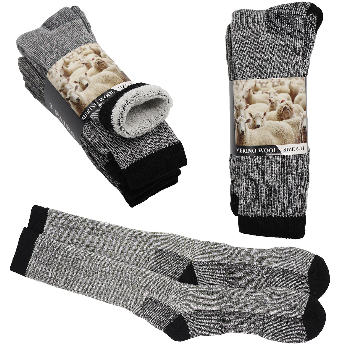 6 Pairs Merino Wool Thick Double Cushion Socks Tradie Warm Thermal, 6 - 11