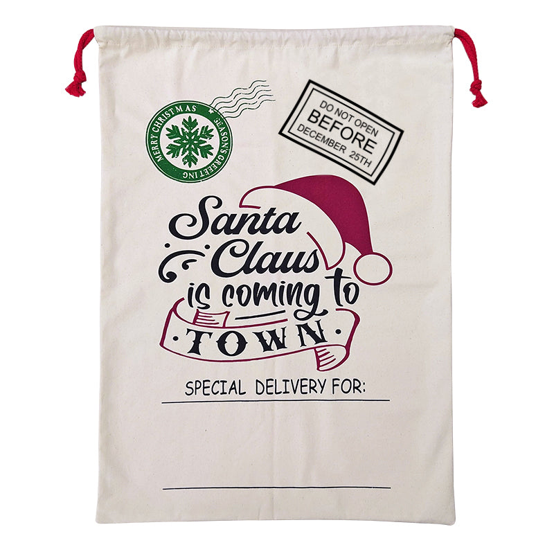Large Christmas XMAS Hessian Santa Sack Stocking Bag - Santa Coming To Town