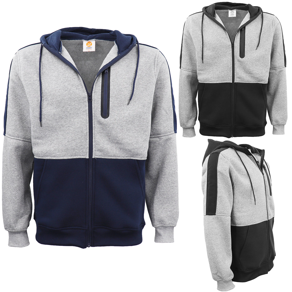 Men's Adult Full Zip Hoodie Jumper Active Two - Tone Jacket Coat Sports Zip