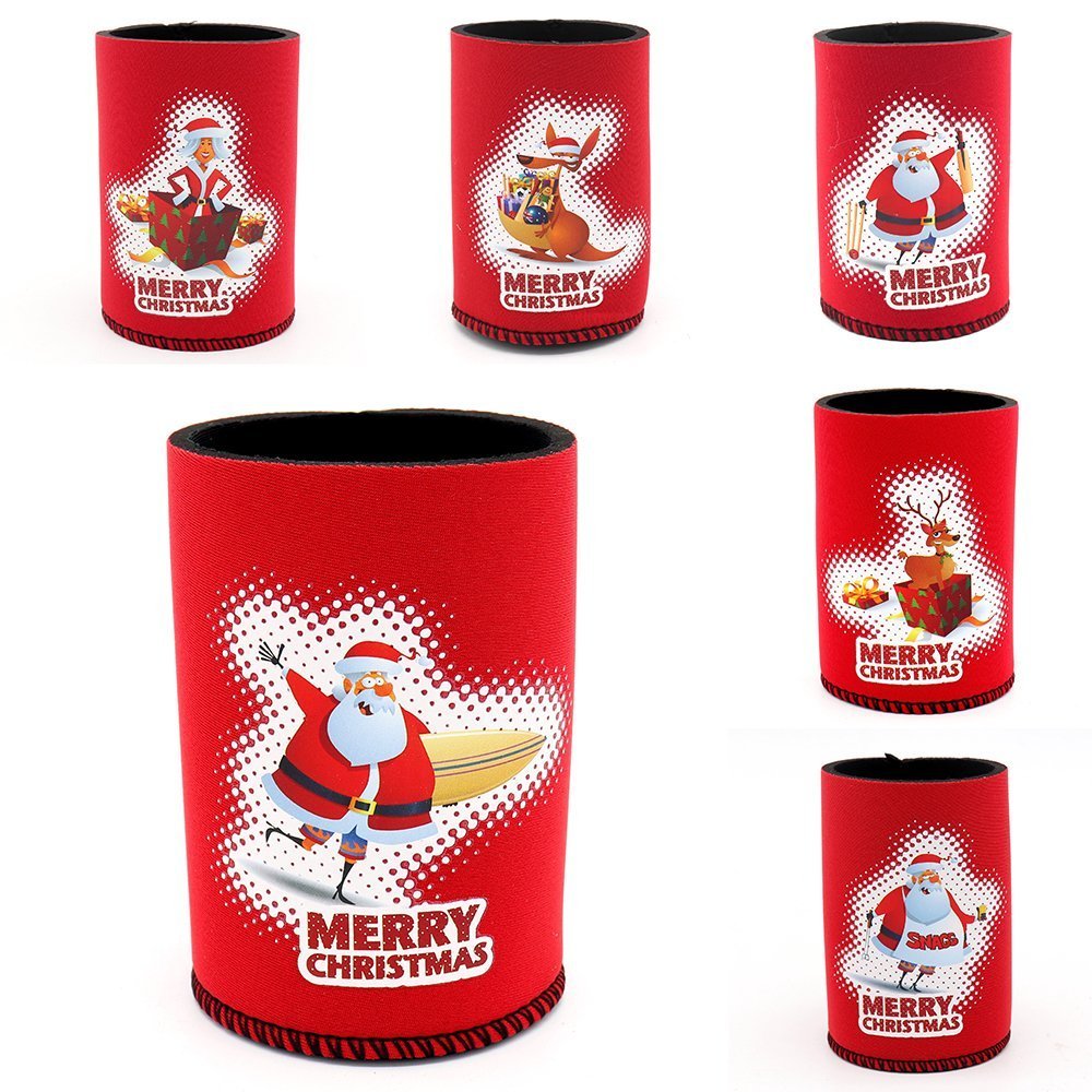 6x Christmas Stubby Stubbie Holders Beer Bottle Drink Can Cooler Santa
