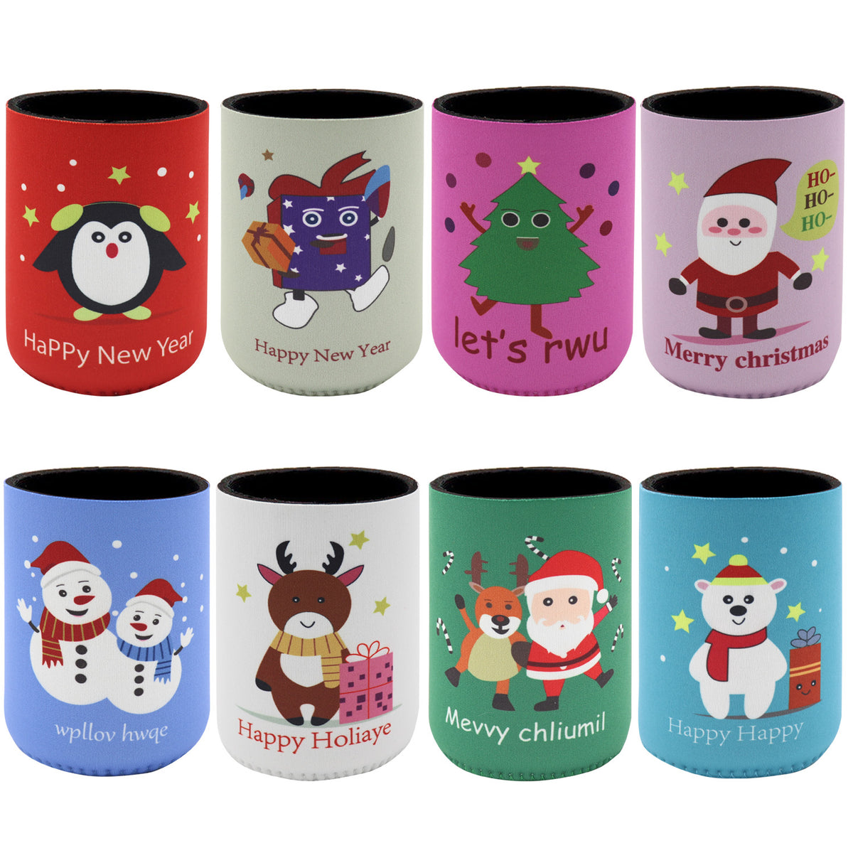 8x Christmas Stubby Stubbie Holders Beer Bottle Drink Can Cooler Santa