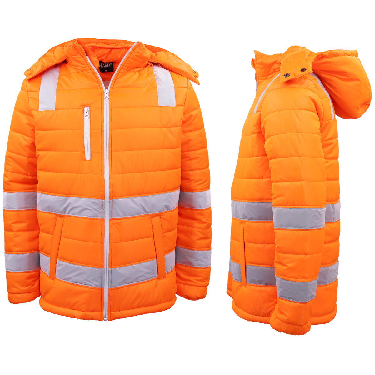 HI VIS Puffer Safety Jacket Reflective Tape Removable Hood Zip Pocket Puffy