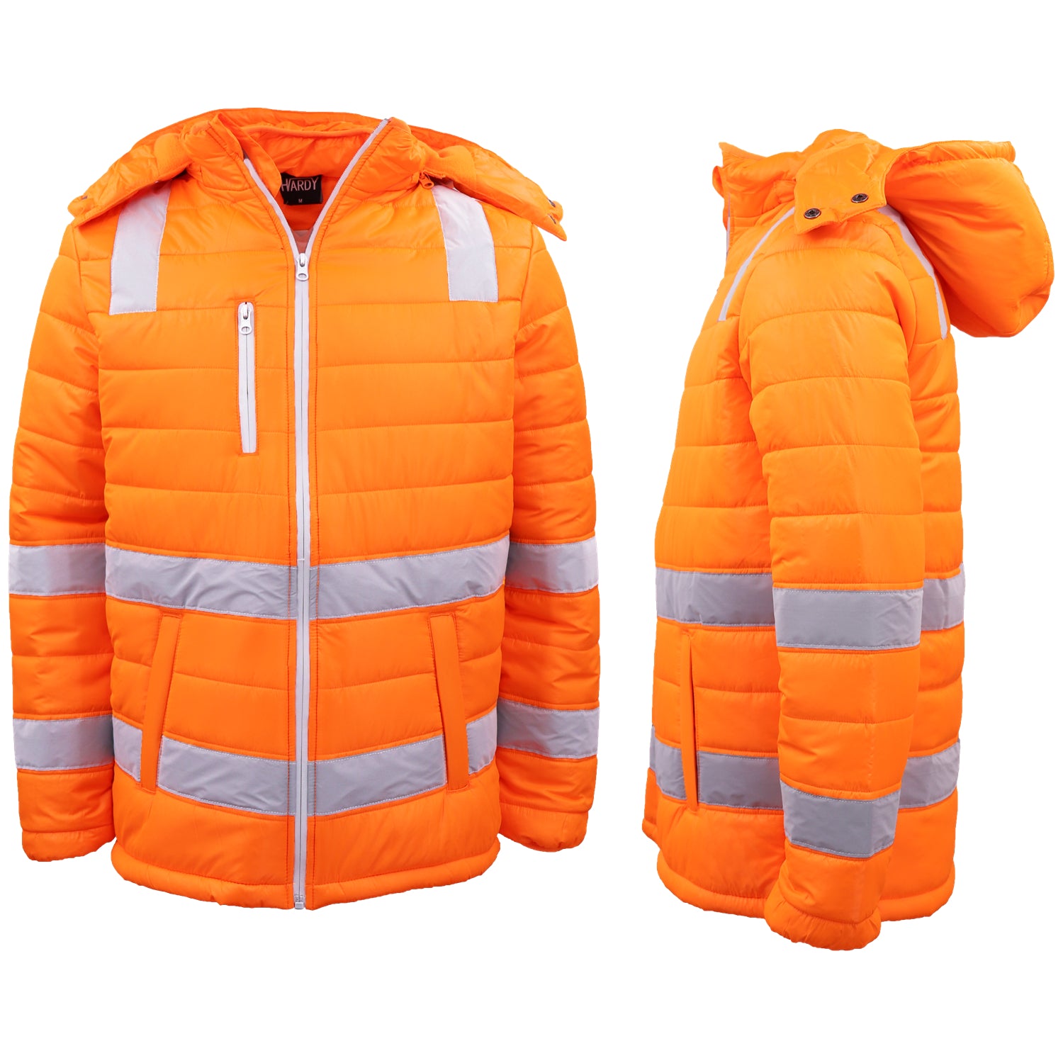 HI VIS Puffer Safety Jacket Reflective Tape Removable Hood Zip Pocket Puffy