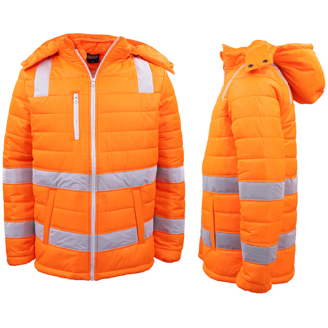 Hi Vis Puffer Safety Tape Removable Hood Zip Pocket Puffy Coat Fluro Orange 5XL
