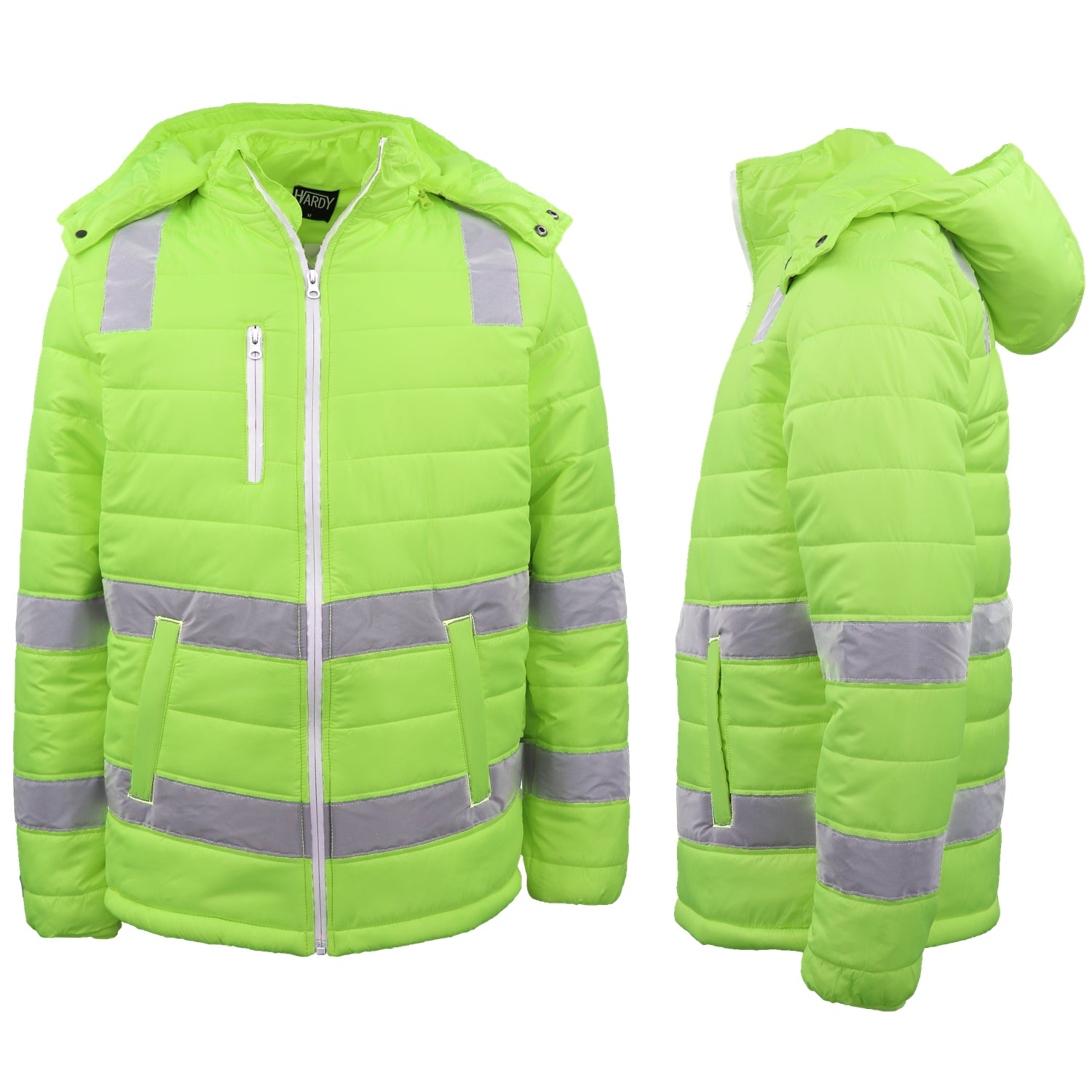 HI VIS Puffer Safety Jacket Reflective Tape Removable Hood Zip Pocket Puffy