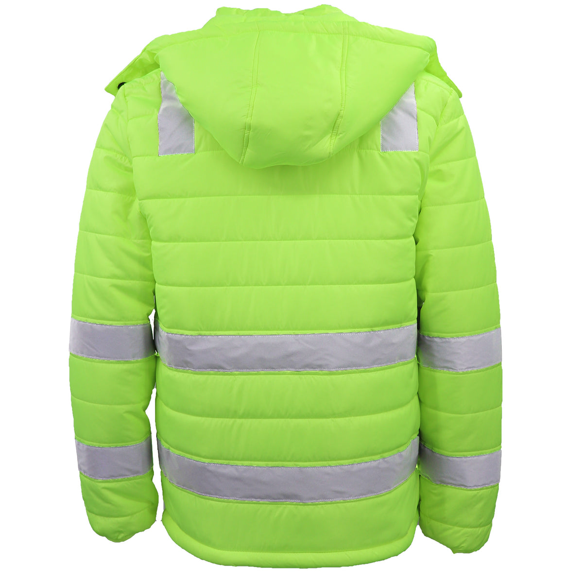 HI VIS Puffer Safety Jacket Reflective Tape Removable Hood Zip Pocket Puffy