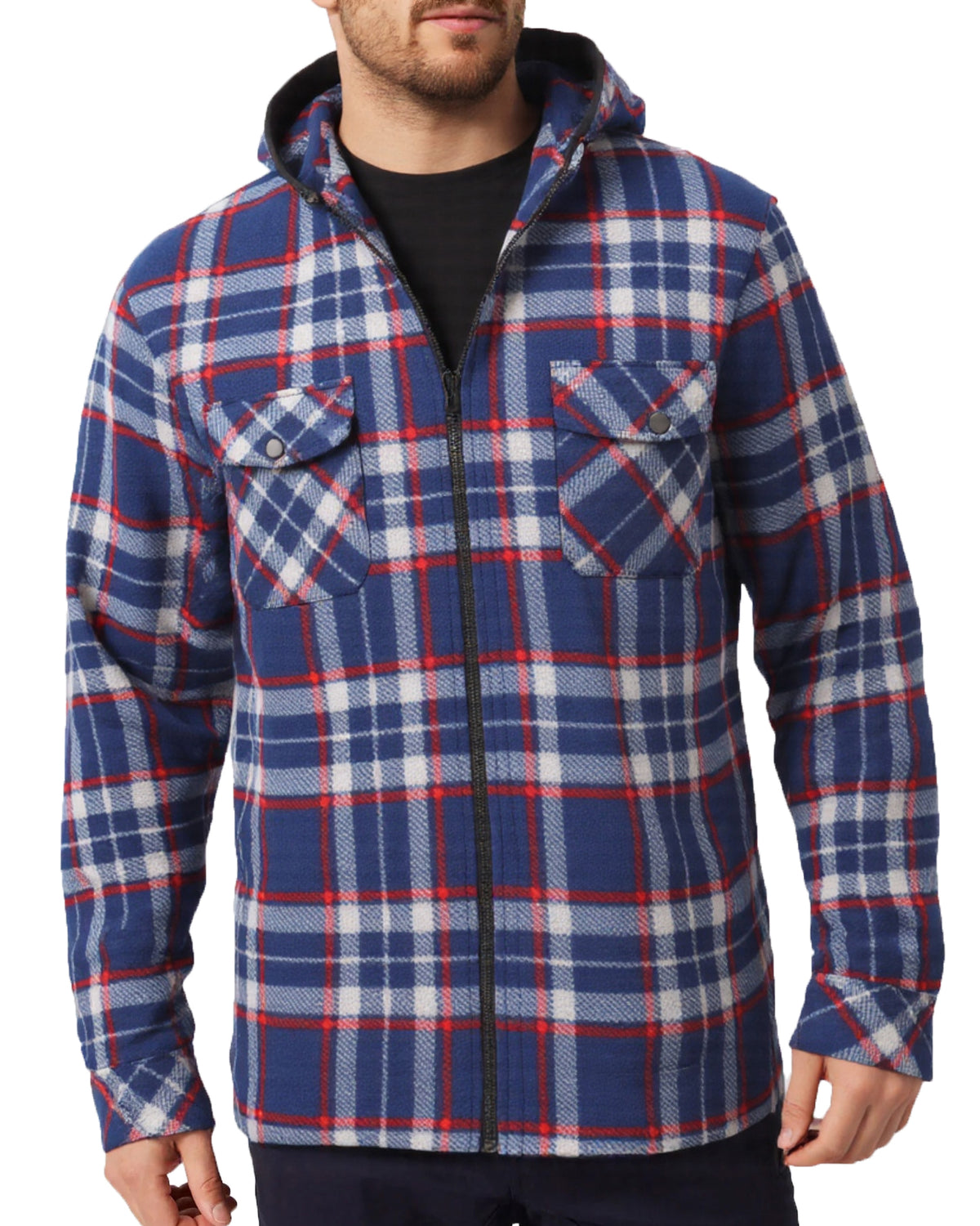 Men's Hooded Flannel Jacket Flannelette Plaid Fleece Shirt Zip Up Winter Coat