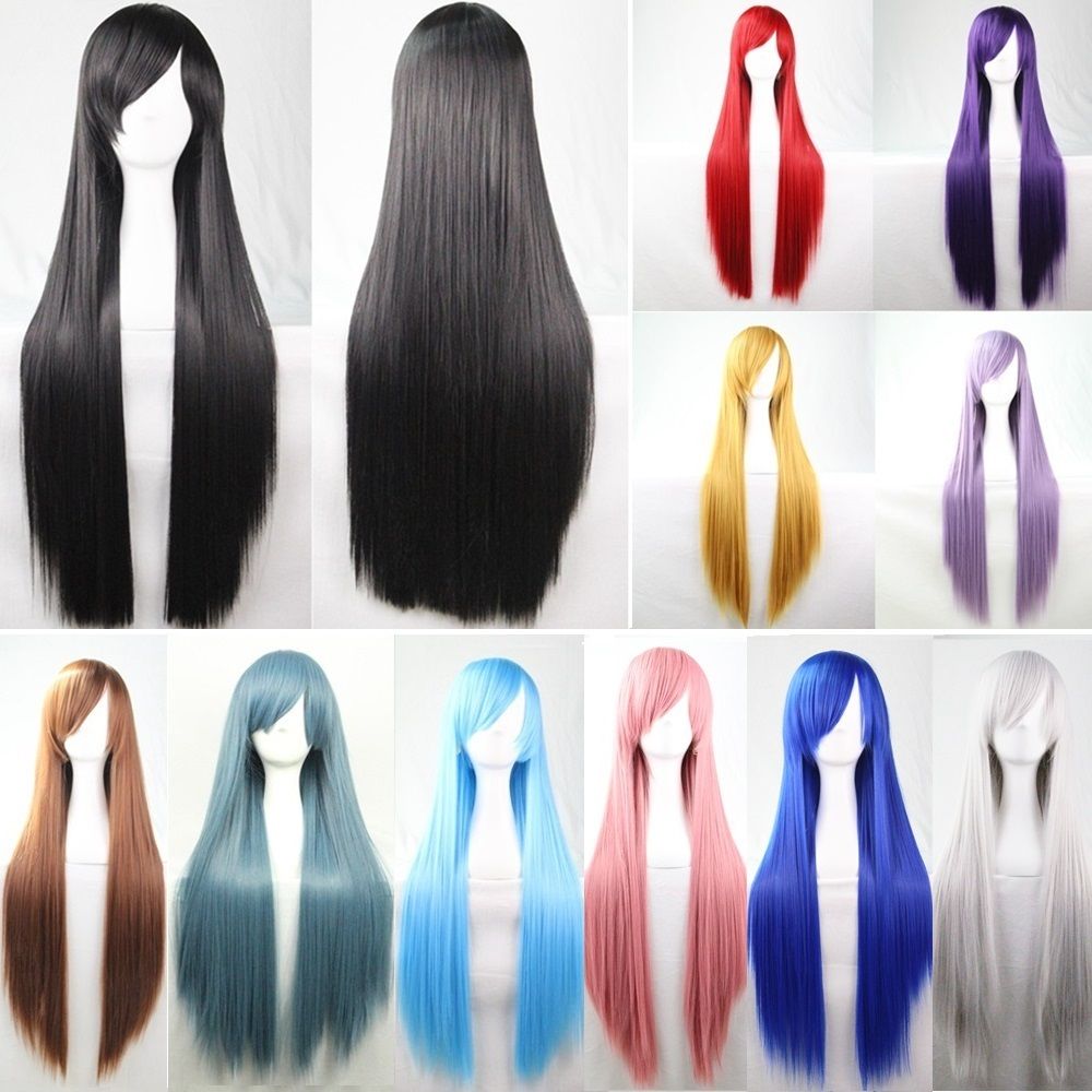80cm Straight Sleek Long Full Hair Wigs w Side Bangs Cosplay Costume Womens