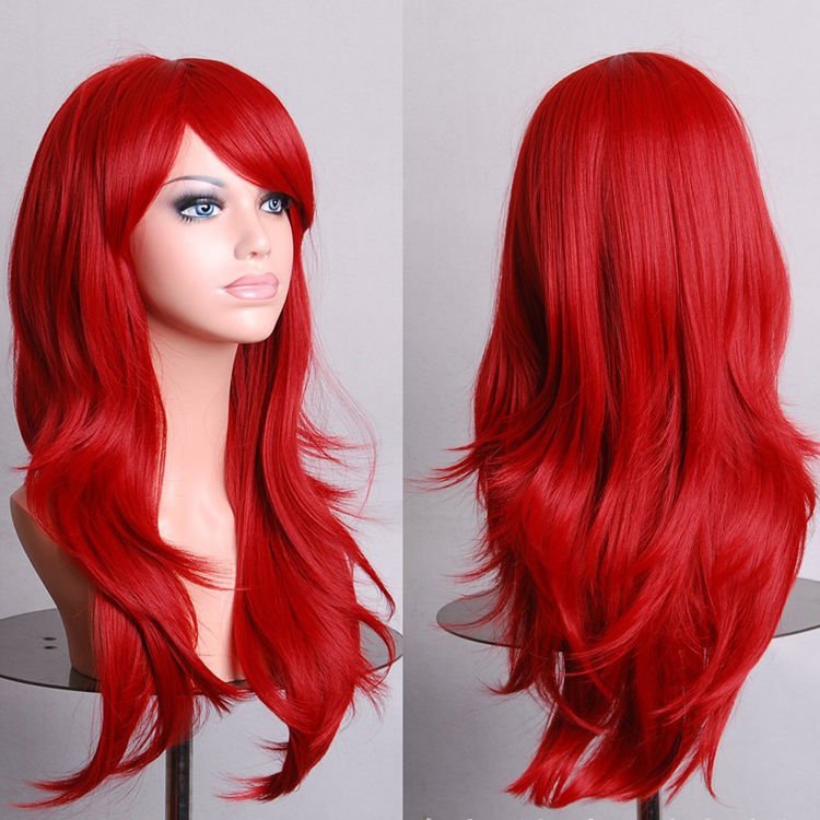 70cm Wavy Curly Sleek Full Hair Lady Wigs w Side Bangs Cosplay Costume Womens