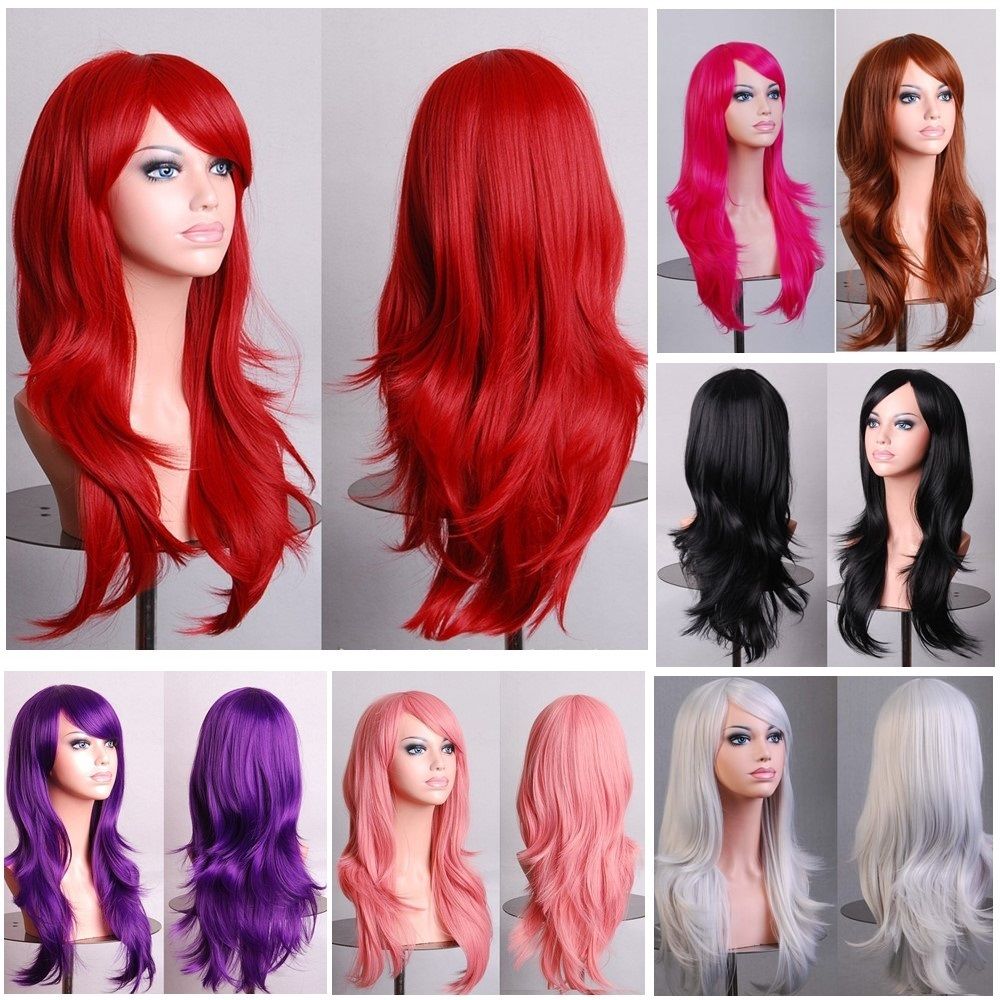 70cm Wavy Curly Sleek Full Hair Lady Wigs w Side Bangs Cosplay Costume Womens