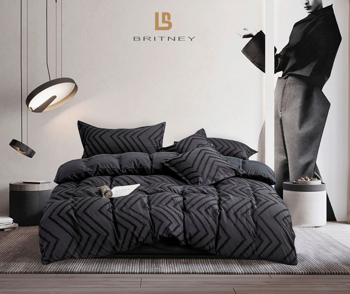 Tufted Boho Wave Jacquard Queen Size Black Duvet Quilt Cover Set