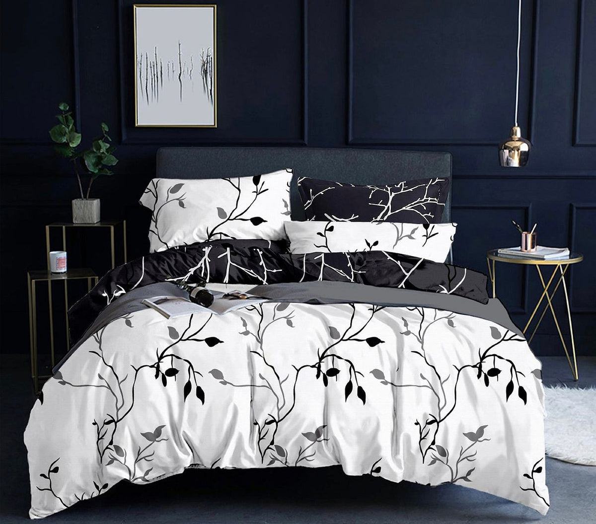 Tree Reversible Queen Size Bed Quilt/Duvet Cover Set Black