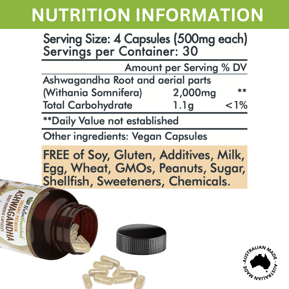 Organic Ashwagandha Capsules (vegan)- Withania Somnifera - 120 Vegan Capsules