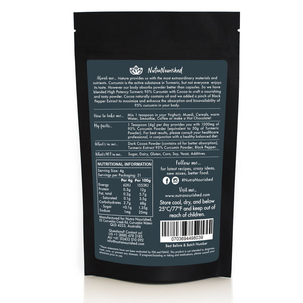 95% Organic Curcumin Extract Cocoa Flavour - V497-COCOA-NEW-125-FBM