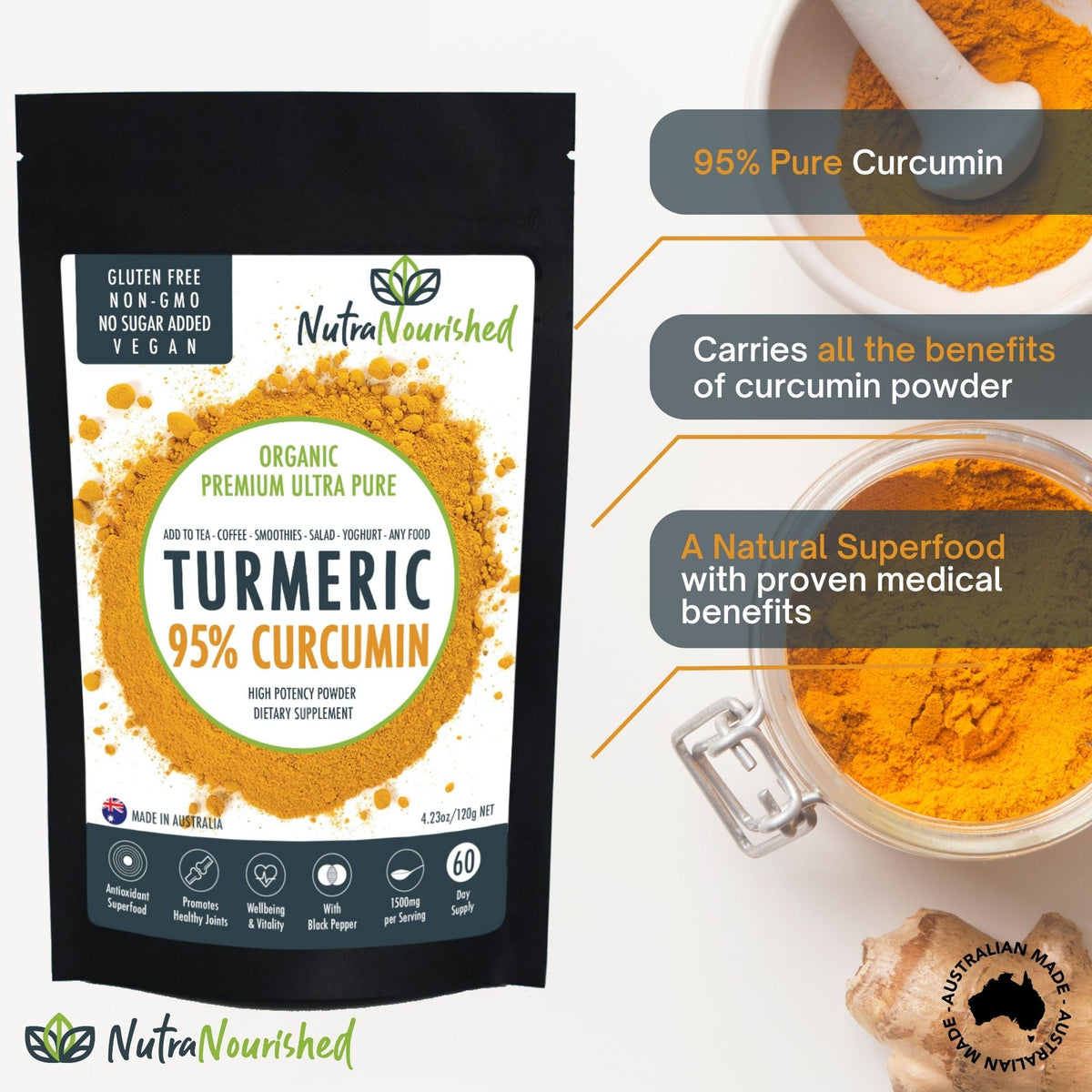 Pure Organic 95% Curcumin Powder (120g/2 months… - V497-CURCUMIN-PURE-120-FBM