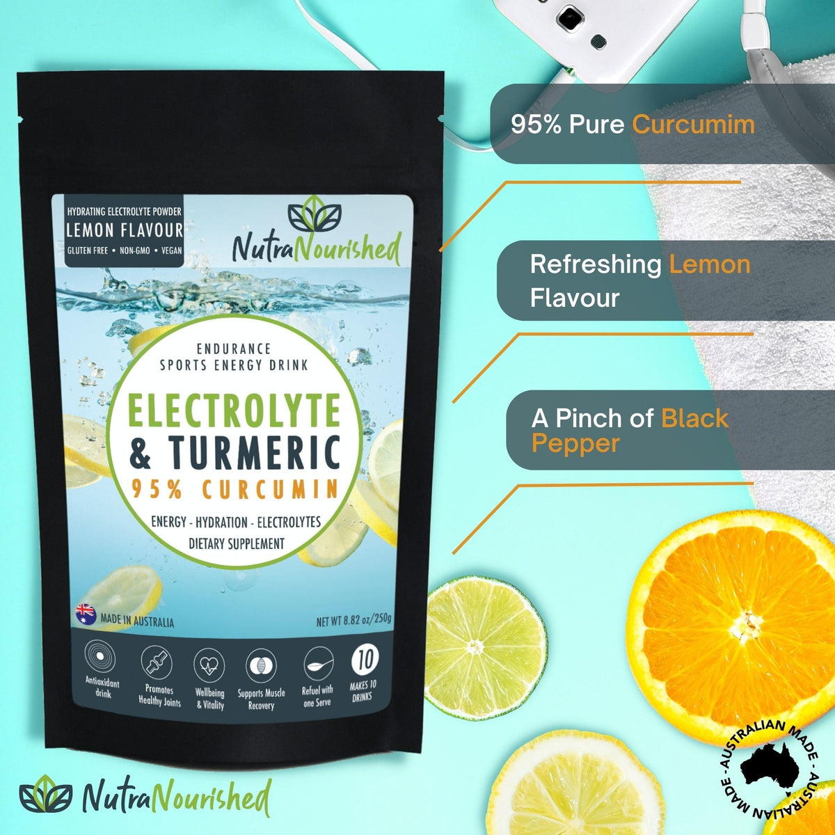Electrolyte Powder & 95% Pure Organic Curcumin - Lemon Flavour, 250g