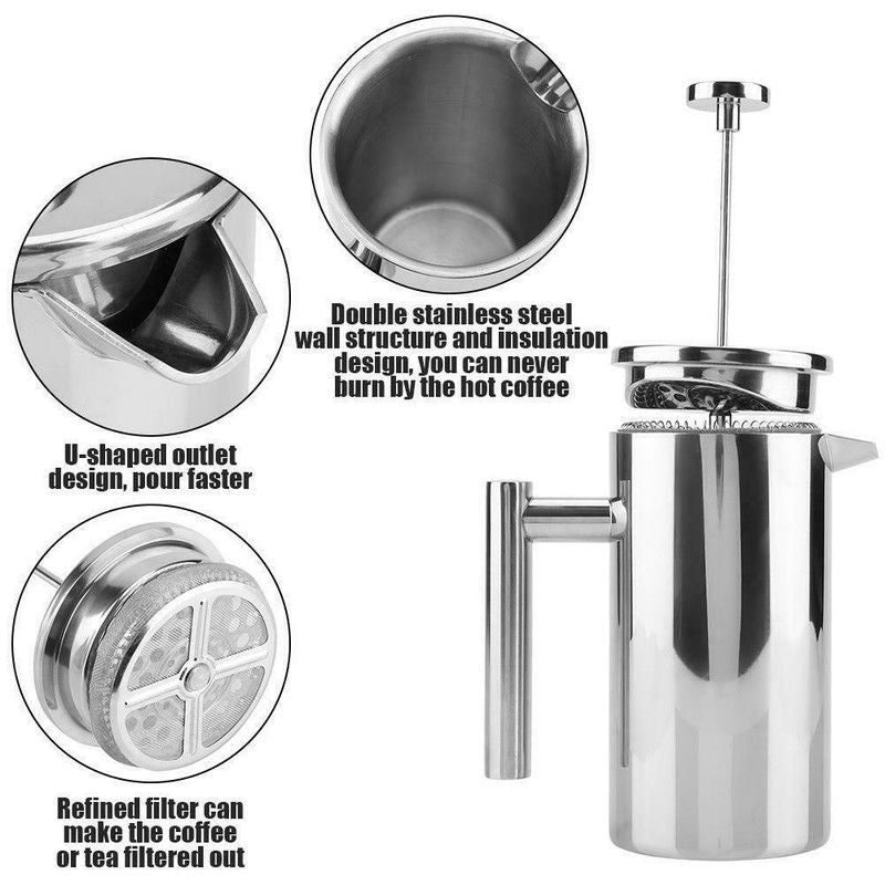 Silver French Press Coffee Maker 1000ml with Coffee Bean Can + Extra Filter Gift Set