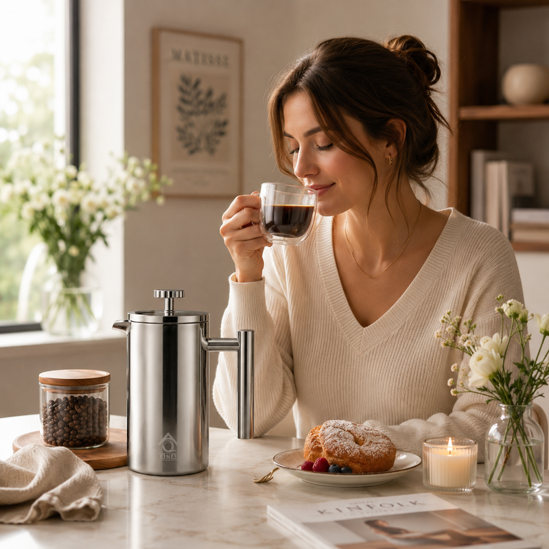 Silver French Press Coffee Maker 1000ml with Coffee Bean Can + Extra Filter Gift Set
