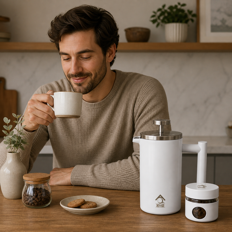 White French Press Coffee Maker 1000ml with Coffee Bean Can + Extra Filter Gift Set