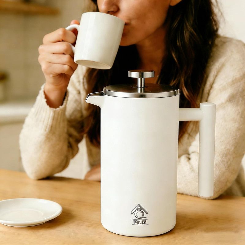 White French Press Coffee Maker 1000ml with Coffee Bean Can + Extra Filter Gift Set