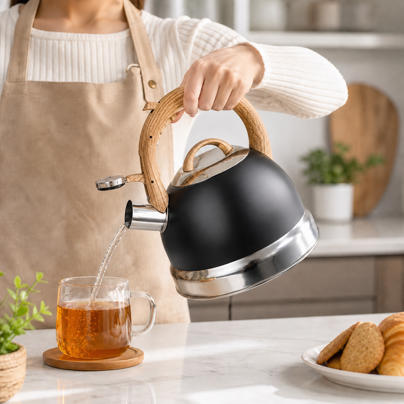 2.9L Whistling Kettle Stainless Steel Foldable Handle Camping Home Office Black