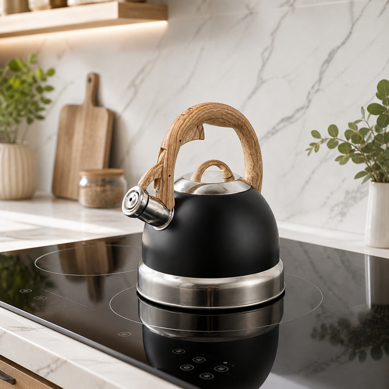 2.9L Whistling Kettle Stainless Steel Foldable Handle Camping Home Office Black