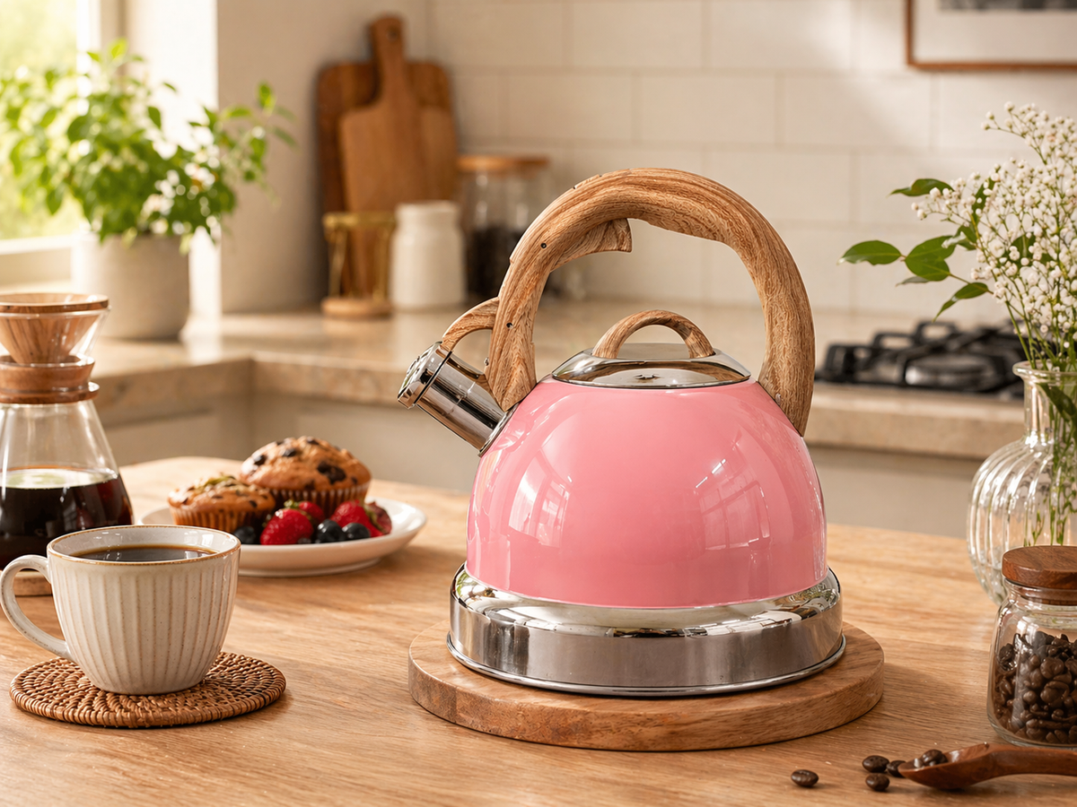 2.9L Whistling Kettle Stainless Steel Foldable Handle Camping Home Office Pink