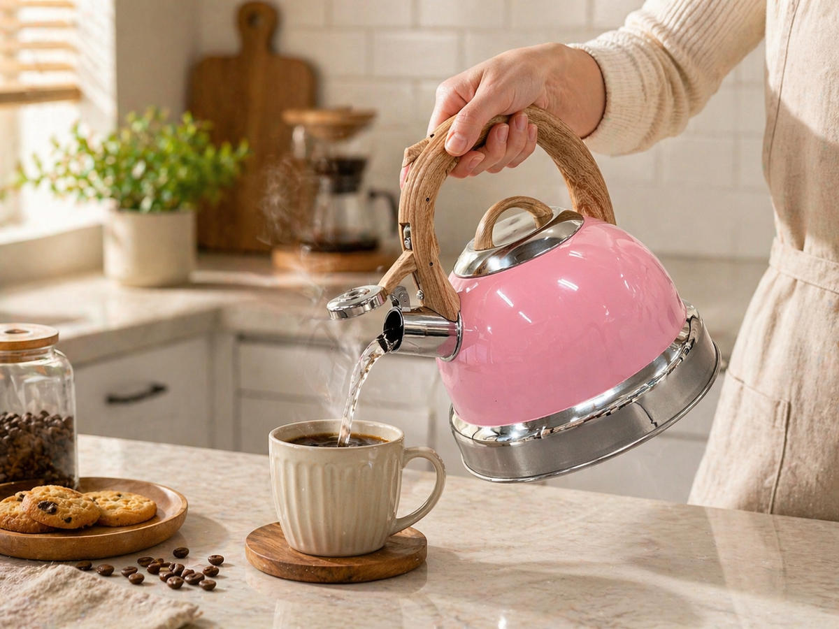 2.9L Whistling Kettle Stainless Steel Foldable Handle Camping Home Office Pink
