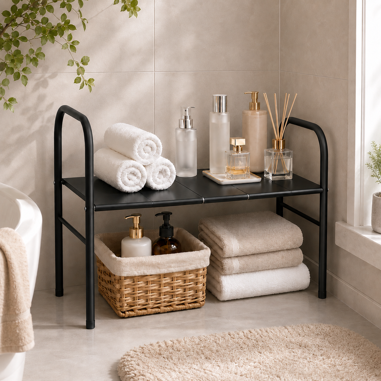 Extendable Storage Rack Under Sink Shelf  Kitchen Organizer black