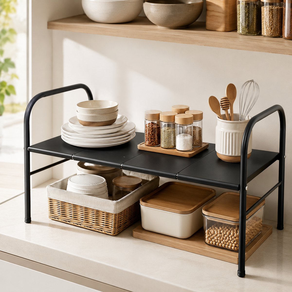 Extendable Storage Rack Under Sink Shelf  Kitchen Organizer black
