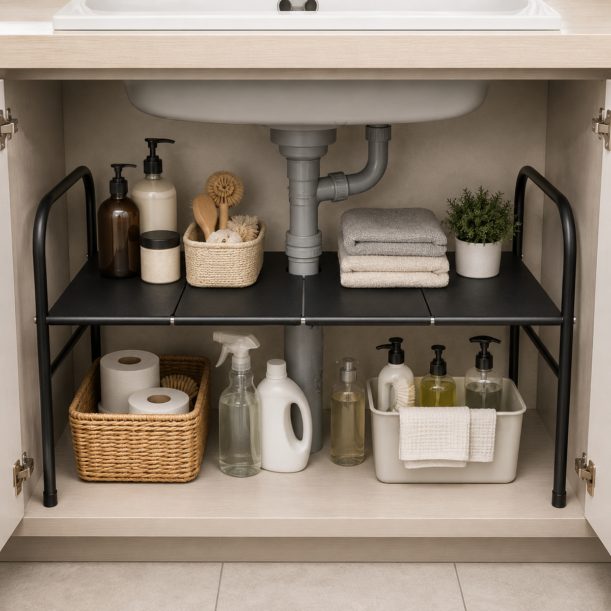 Extendable Storage Rack Under Sink Shelf  Kitchen Organizer black