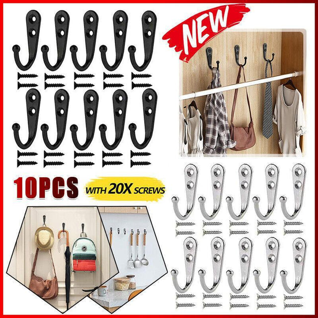 10pcs Wall Hooks Heavy Hat Robe Hanger Double Hole Zinc Alloy Vintage Silver