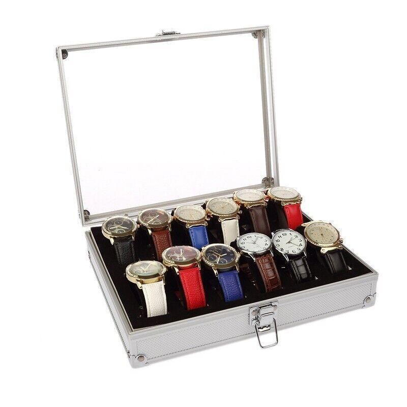12 Grids Carbon Fiber Aluminum Watch Box Storage Case Holder Display