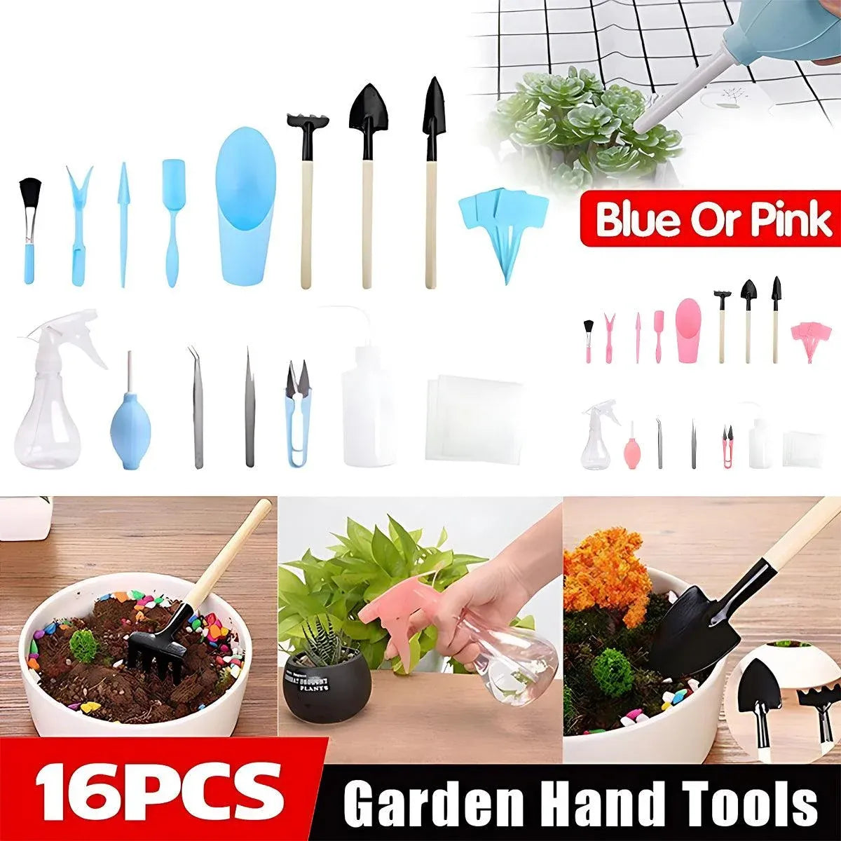 16X Mini Garden Hand Tools Transplanting Succulent Plant Gardening Tool Rake Set - Pink
