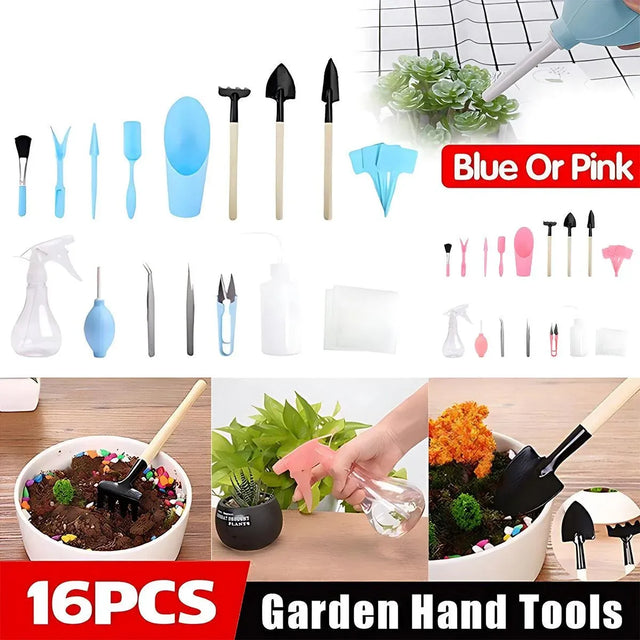 16X Mini Garden Hand Tools Transplanting Succulent Plant Gardening Tool Rake Set - Pink