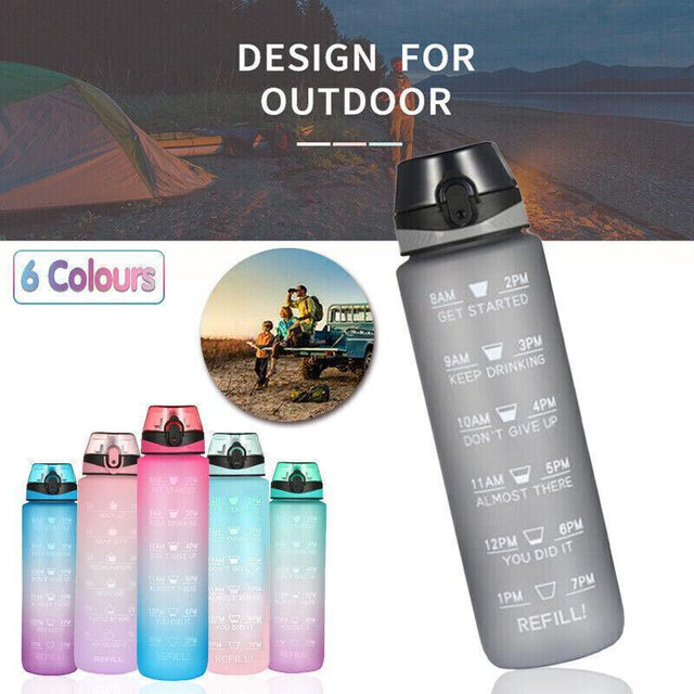 1L Water Bottle Motivational Flask Time Markings Bpa Free Sport Gym - Blue+Pink