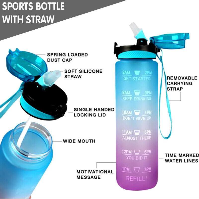 1L Water Bottle Motivational Drink Flask With Time Markings Bpa Free Sport Gym - Blue+Pink