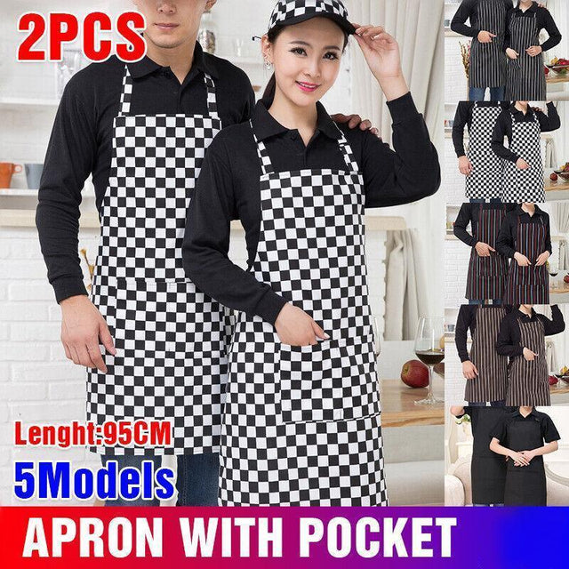 Apron w/Pocket 2Pcs Chef Butcher Kitchen Cooking Baking Restaurant Wear Black