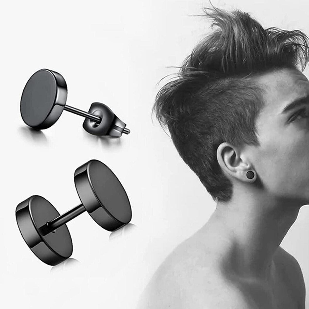Pair Black Flat Round Barbell Plug Stud Earrings Stainless Steel Mens Gym 4-12Mm - 4mm