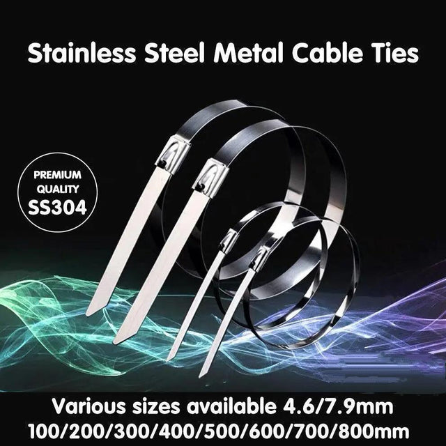 100x Stainless Steel Cable SS304 Zip Strap Locking Wrap 100-800mm - 4.6*200mm