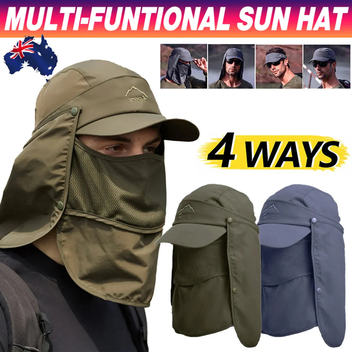 Unisex Face Neck Flap Hat Wide Brim Cap Hiking Fishing Sun Protection Outdoor - Army Green