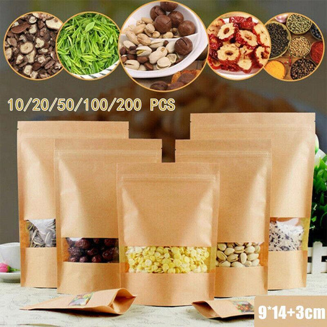 10 200x 9 14 3 Stand up Bag Kraft Paper Seal Packaging Window Zip Lock Pouch 10